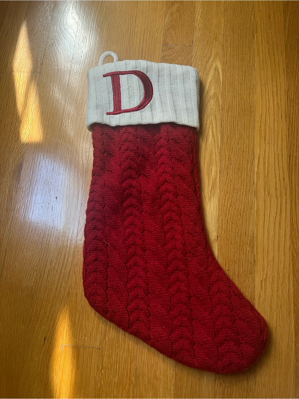 Monogrammed Red Knit Holiday Stocking with White Cuff - Letter D